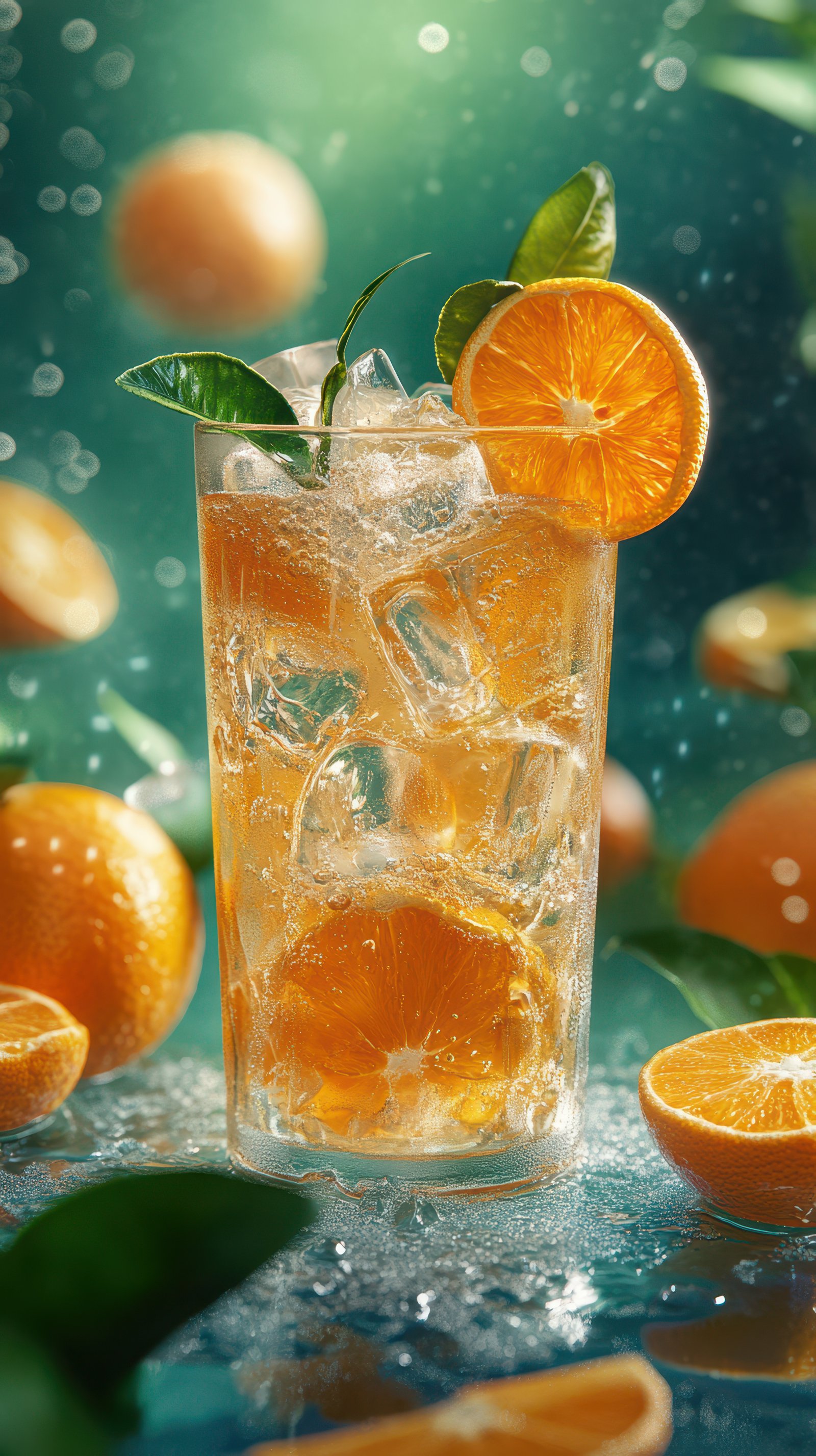 Refreshing beverage with slices of orange and mint surrounded by fresh oranges on a vibrant background